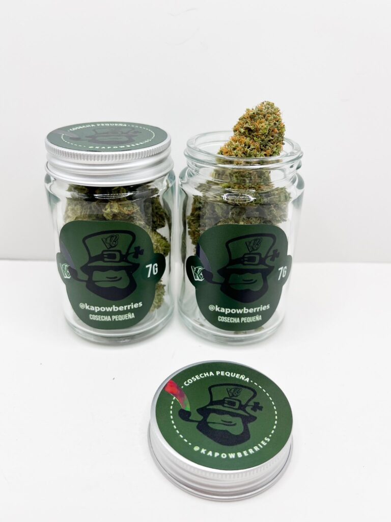 Kapow Berries Original Z 7G Black Label jar with frosty purple cannabis buds showcasing exotic candy terpene profile