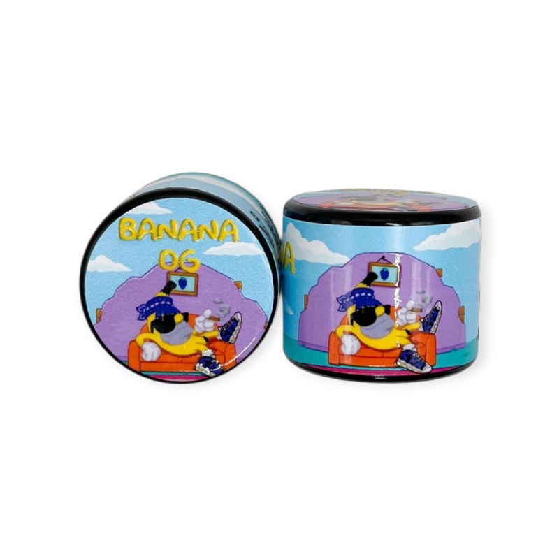 Banana OG THCa Rosin by Kapow Berries ā Premium Solventless Concentrate Kapow Berries Banana OG THCa Rosin jar with golden concentrate and tropical banana aroma