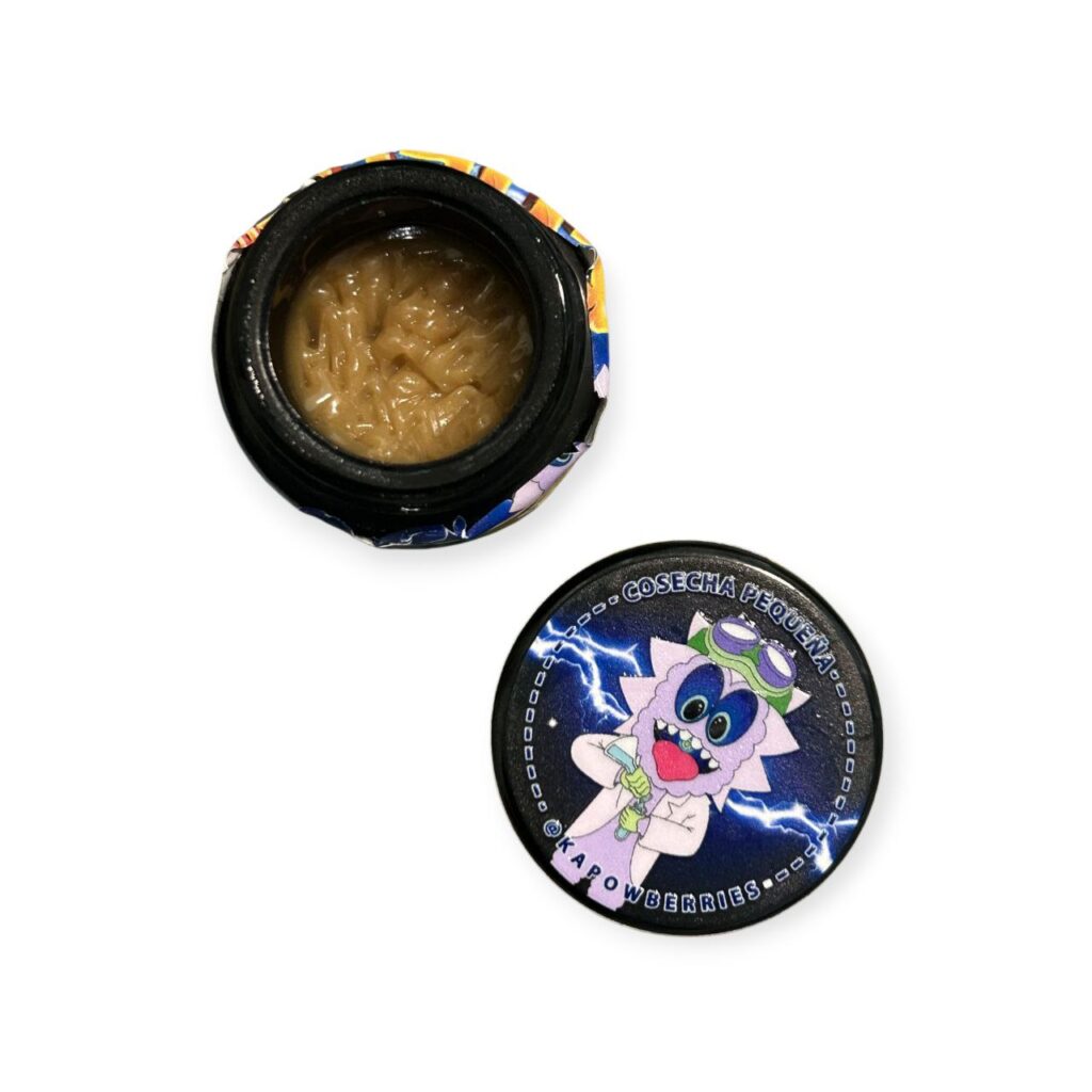 Kapow Berries Zhem to the Future rosin jar with golden THCa concentrate, futuristic label design, and berry-citrus terpene notes