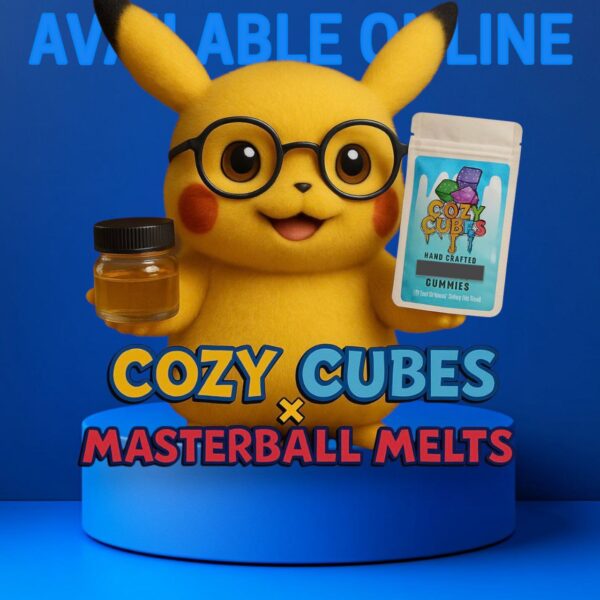 Cozy Cubes solventless live rosin infused gummies by Masterball Melts, 300mg pack with assorted flavors like papaya, citrus, and berry.