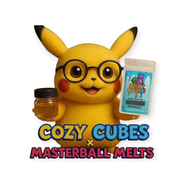 Cozy Cubes solventless live rosin infused gummies by Masterball Melts, 300mg pack with assorted flavors like papaya, citrus, and berry.