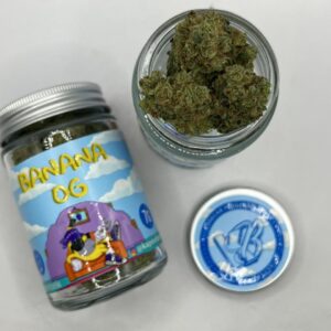 Kapow Berries Banana OG 7g premium cannabis flower jar with bold branding and terpene-rich buds