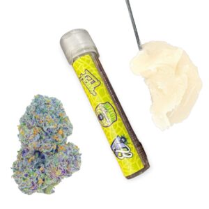 : Fidels x Kapow Berries Hash Hole preroll with visible rosin core and frosty Melon Berries flower.