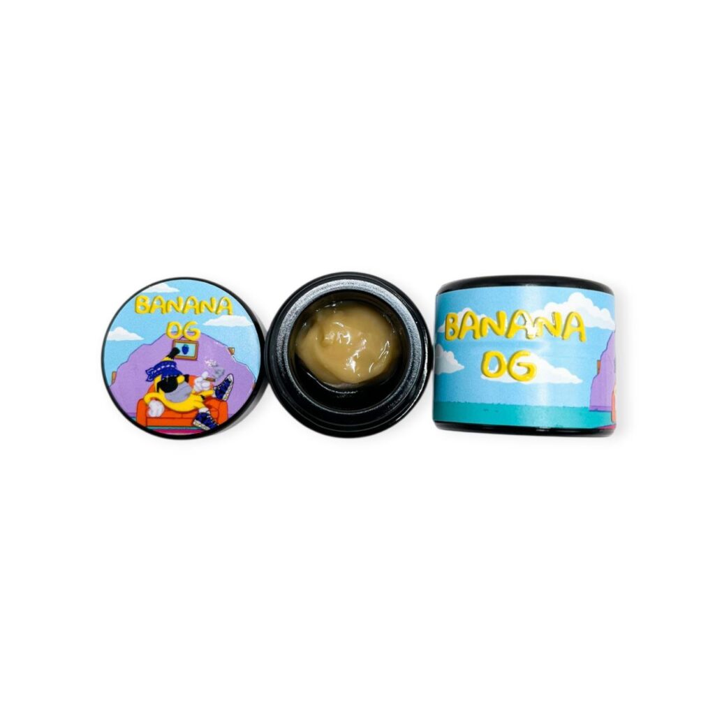 Kapow Berries Banana OG THCa Rosin jar with golden concentrate and tropical banana aroma