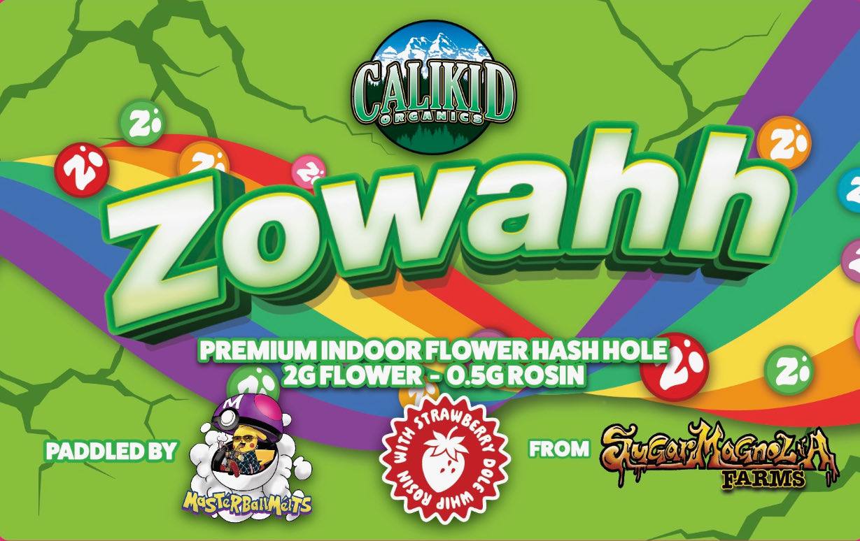 Zowahh Hash Hole โ CaliKid Organics ร Master Ball Melts ร Sugarmagnozia Farms Zowahh Hash Hole with 2g indoor flower and 0.5g Strawberry Dole Whip rosin paddle by Master Ball Melts