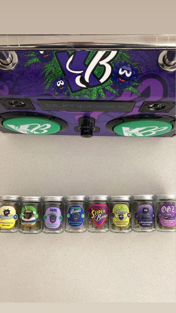 An assortment of Kapow cannabis flower jars, featuring labels for Melon Berries, Blue Cookies, and Raspberry strains, highlighting the different colors of the buds inside.