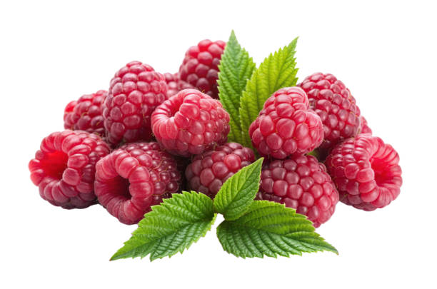 raspberry with leaves, isolated white background