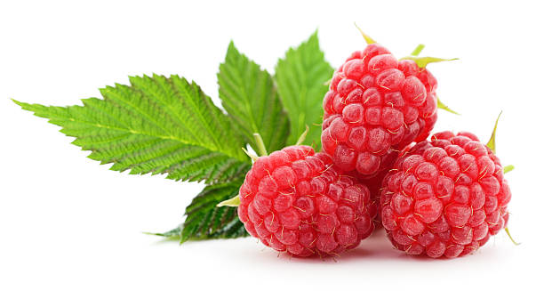 raspberries and leaves isolated on white background.
