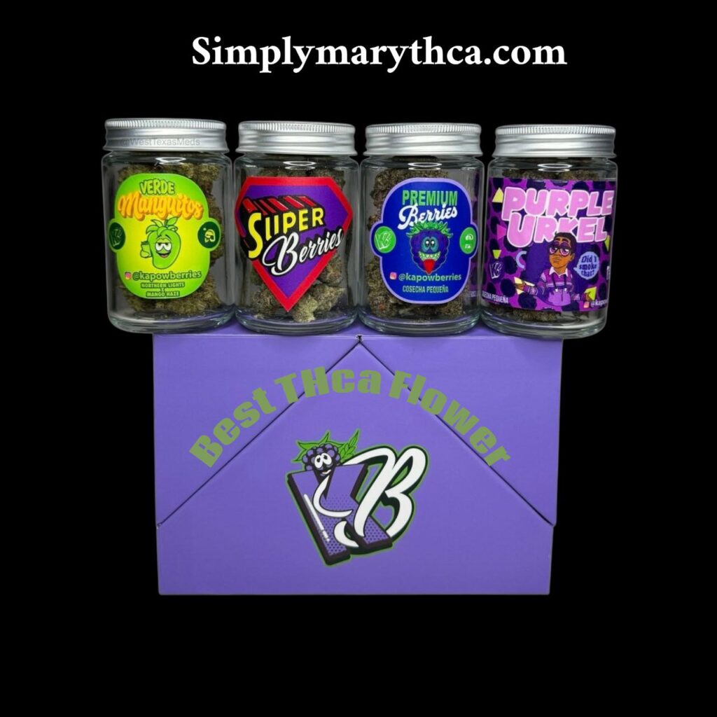 Kapow Berries cannabis brand Melon Berries strain jar with colorful label and premium flower