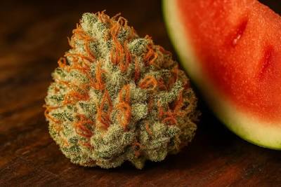 Melon Berries Products: A Comprehensive Guide to Flavor and Effects Kapow Berries Melon Berries THCA flower buds in a glass jar next to a bowl of fresh raspberries and sliced watermelon on a wooden table.