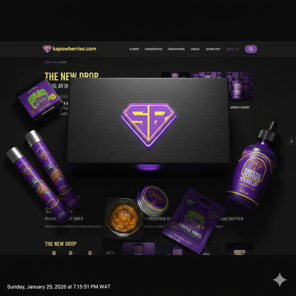 Kapow Berries Full Product Lineup 2026 Complete collection of Kapow Berries cannabis products including premium flower jars, Pink Lemonhead concentrates, and Super Berries edibles displayed over the official Kapow Berries website.