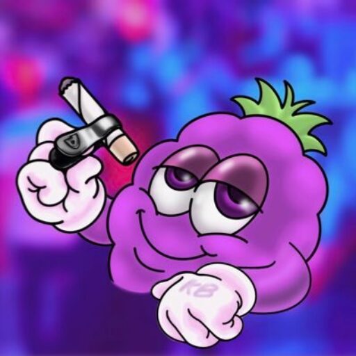 Illustrated purple berry mascot holding a joint with a silver glass tip wearing white gloves on a vibrant purple and blue neon background for Kapow Berries