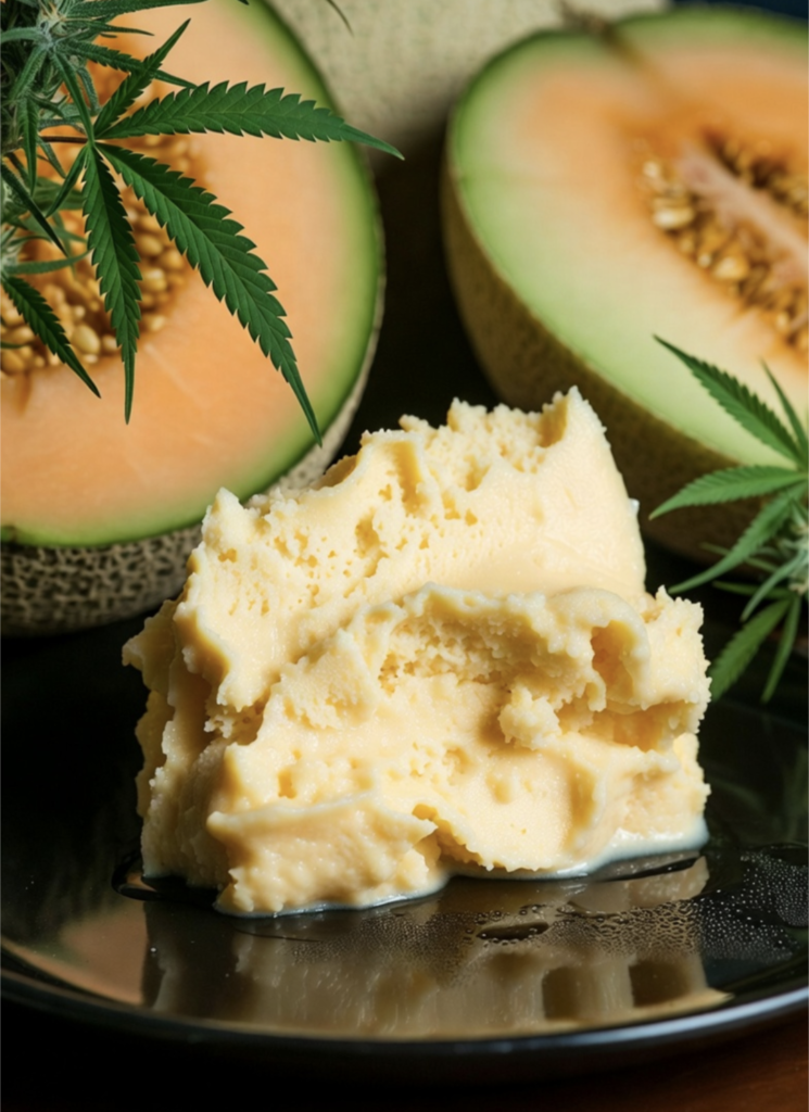 Small green tin of melon dabs cannabis concentrate with cartoon melon label and honeycomb pattern held in gloved hand

Terpene profile chart for melon-flavored cannabis concentrates showing myrcene 50%, limonene 87%, caryophyllene 46% with melon background

