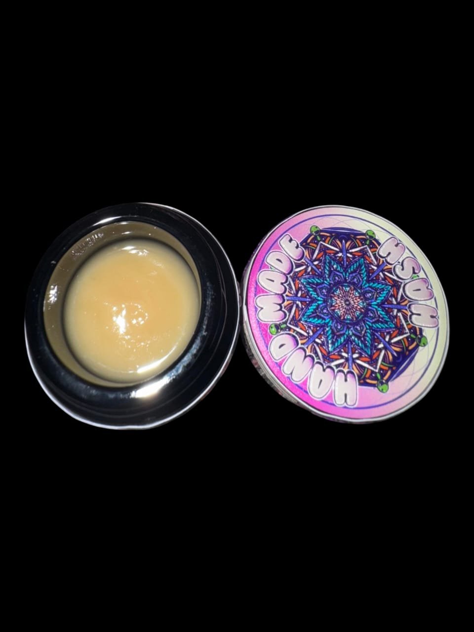 Kapow × Handmade Berries & Cream Hash Rosin | Vaulted Collab Open jar of Kapow × Handmade Berries & Cream solventless hash rosin with creamy light-yellow concentrate next to the colorful Hand Made Hash lid featuring a psychedelic mandala design